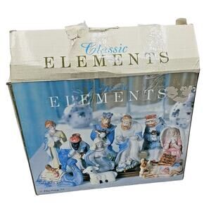 Classic Elements 11 Piece Nativity Set‎ Porcelain 5.5" high on gold wood base